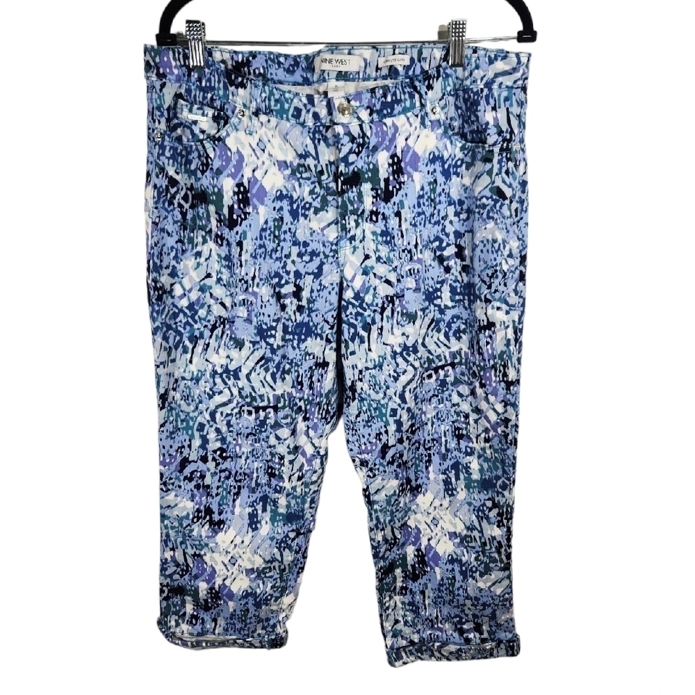 Nine West Crystie Capri Pants Womens 16  Blue Mature Mom Summer Fun Pattern
